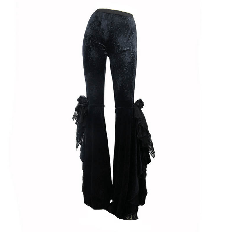 Women's gothic flared trousers in black velvet with lace detailing and vintage style, perfect for a casual chic look.