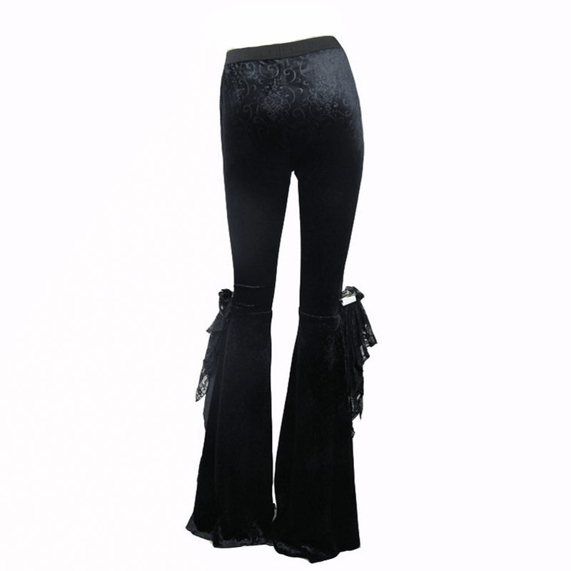 Women's gothic black flared trousers with lace details, stylish wide leg design for a vintage look.