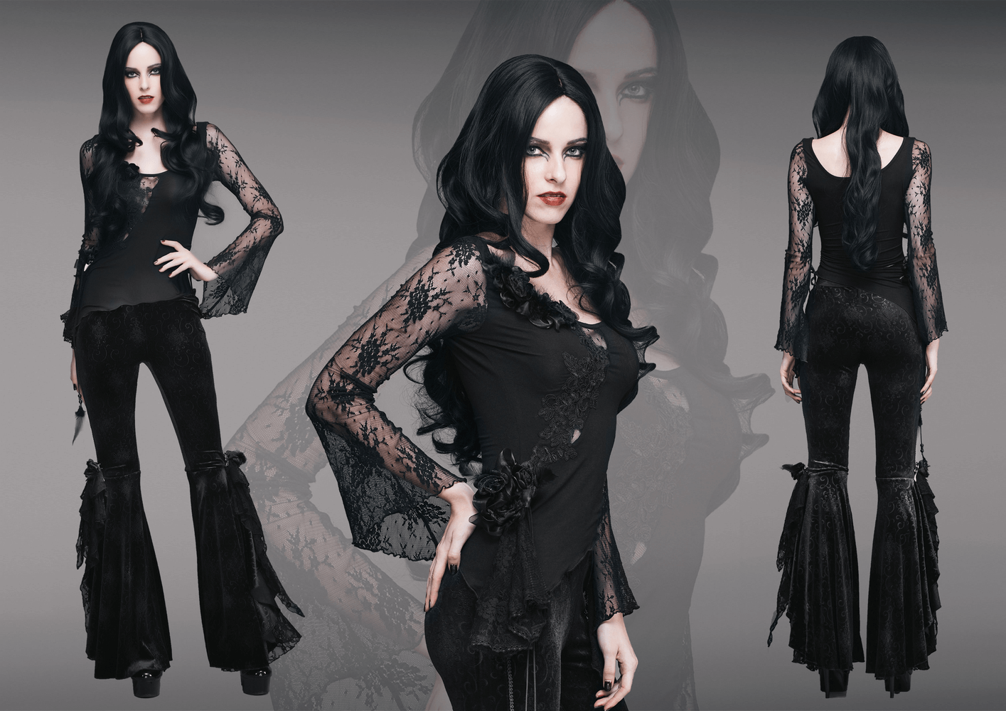 Elegant model in stylish black flared trousers with lace sleeves, showcasing gothic fashion and vintage design.