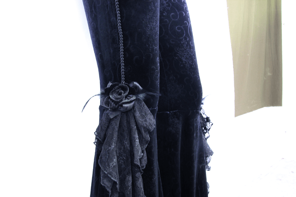 Elegant women's gothic flared trousers with lace embellishments and floral accents, perfect for a stylish look.