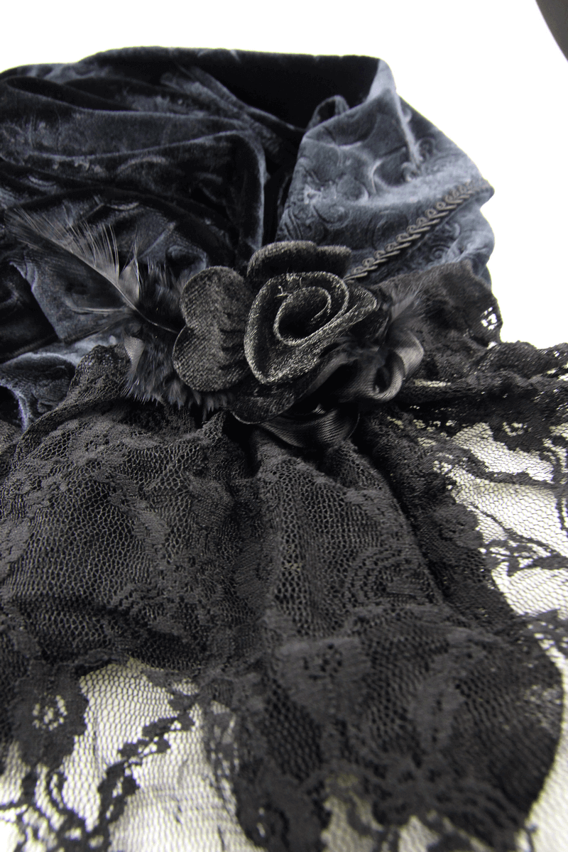 Elegant black lace and velvet scarf with floral embellishments, perfect for gothic and vintage styles.