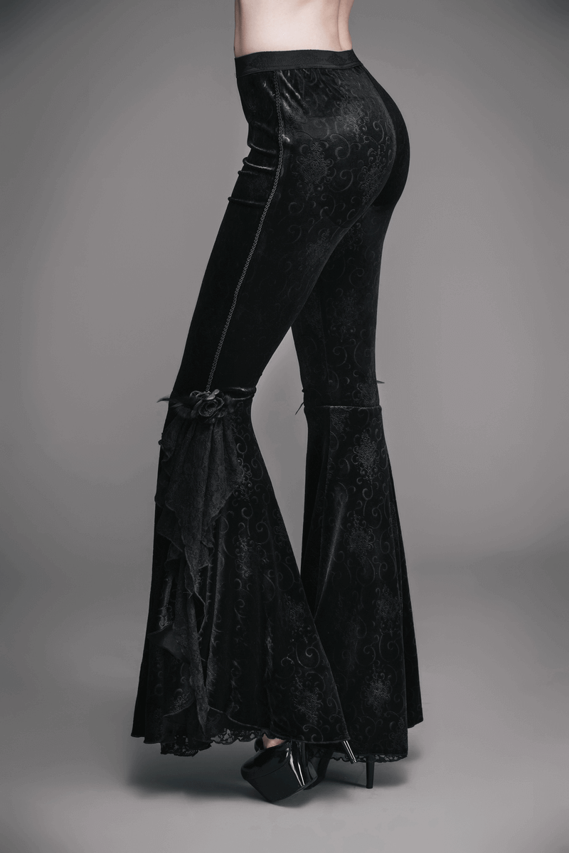 Stylish women's gothic black flared trousers with vintage embroidery and wide leg design, perfect for a casual look.