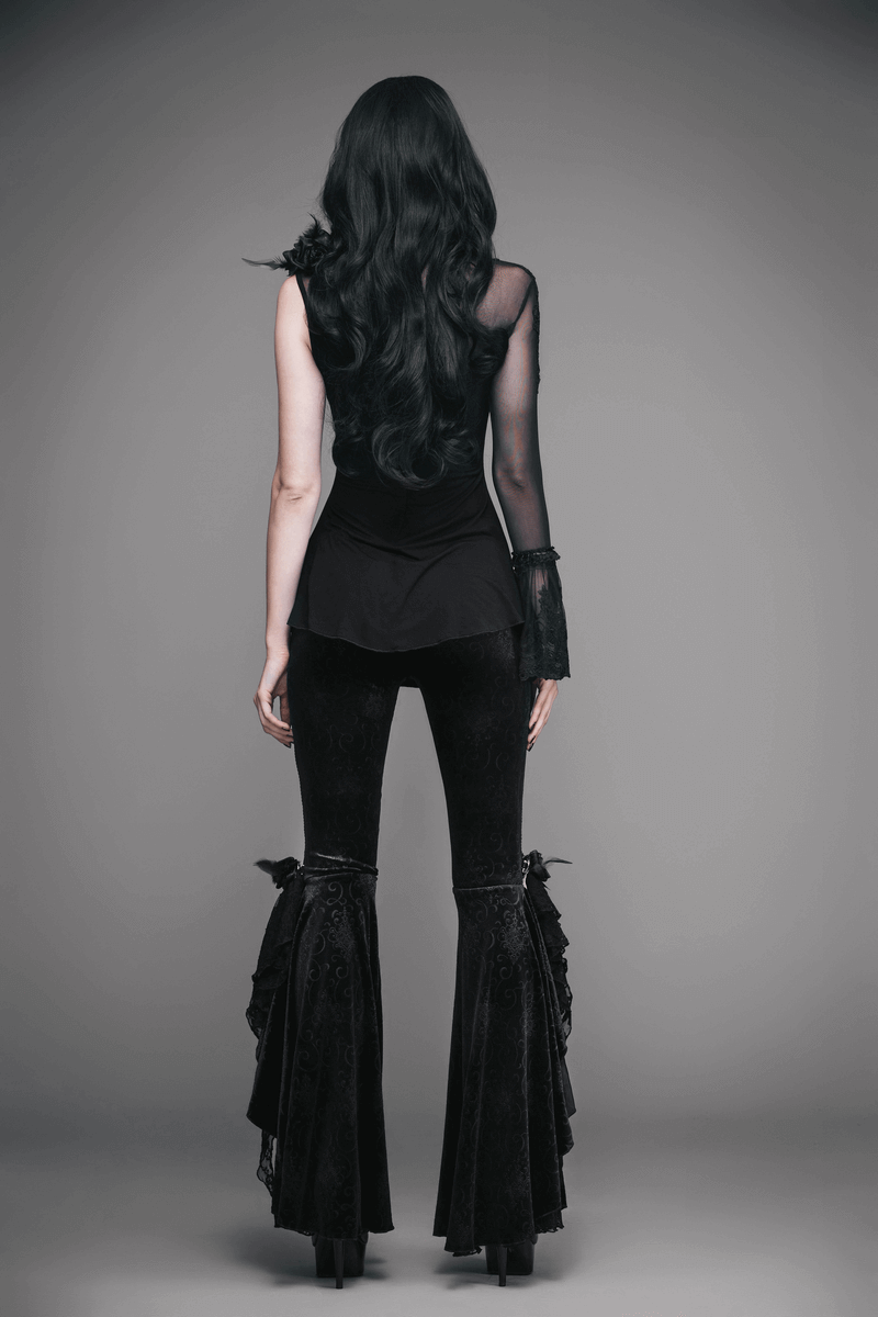 Stylish women's black gothic flared trousers with vintage design, showcasing elegant wide leg fit from the back.