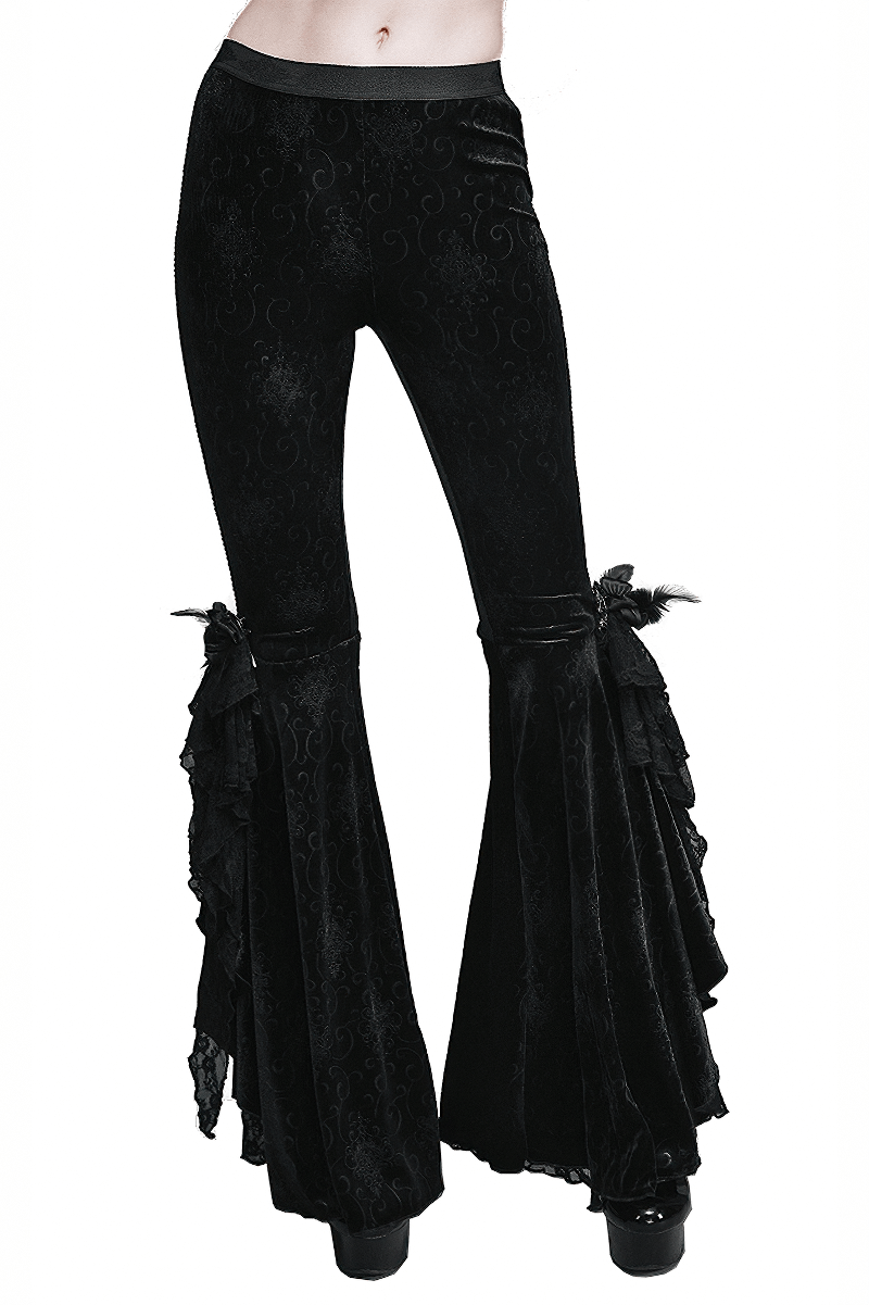 Women's Gothic Stylish Flared Trousers / Casual Black Embroidery Wide Leg Long Pants - HARD'N'HEAVY