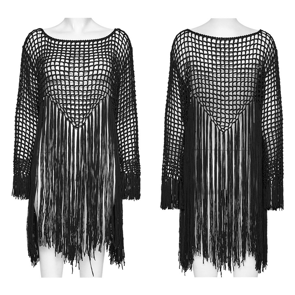 Women's Gothic tassel knit sweater with hollow design and fringe detail, perfect for edgy layering and standout style.