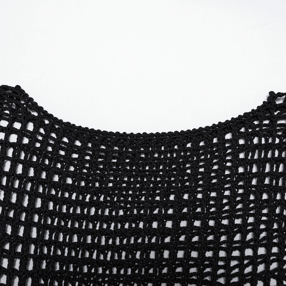 Close-up of the intricate knit design and neckline of a women's gothic tassel sweater, showcasing its hollow-out pattern.