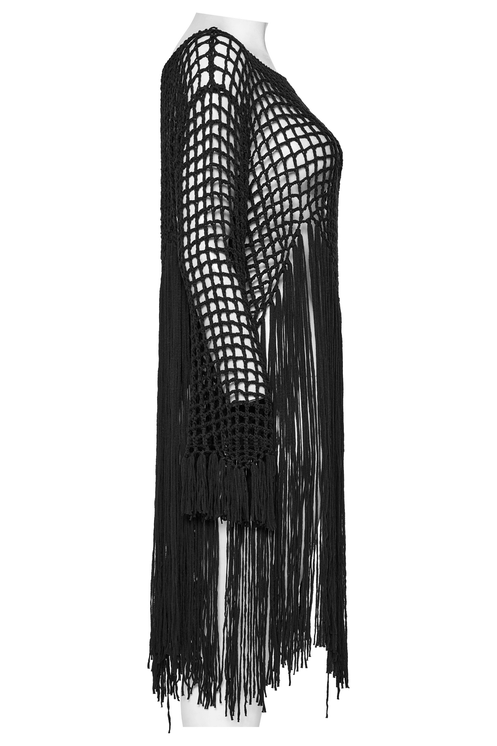 Edgy women's gothic tassel sweater with fringed hem and hollow knit design, perfect for a bold punk-inspired look.