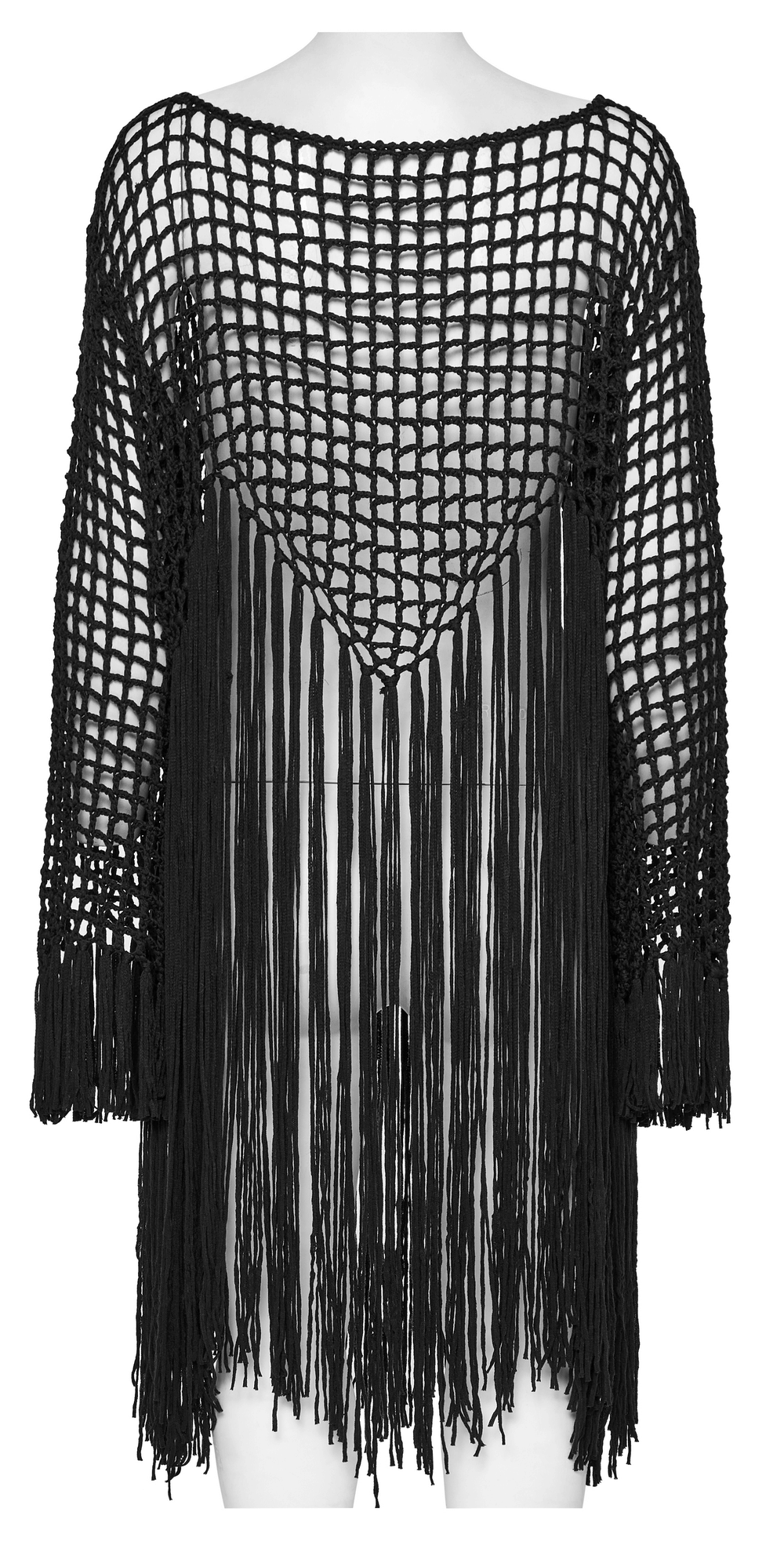 Women's gothic knit sweater with hollow-out design and long black tassels, perfect for an edgy punk-inspired look.