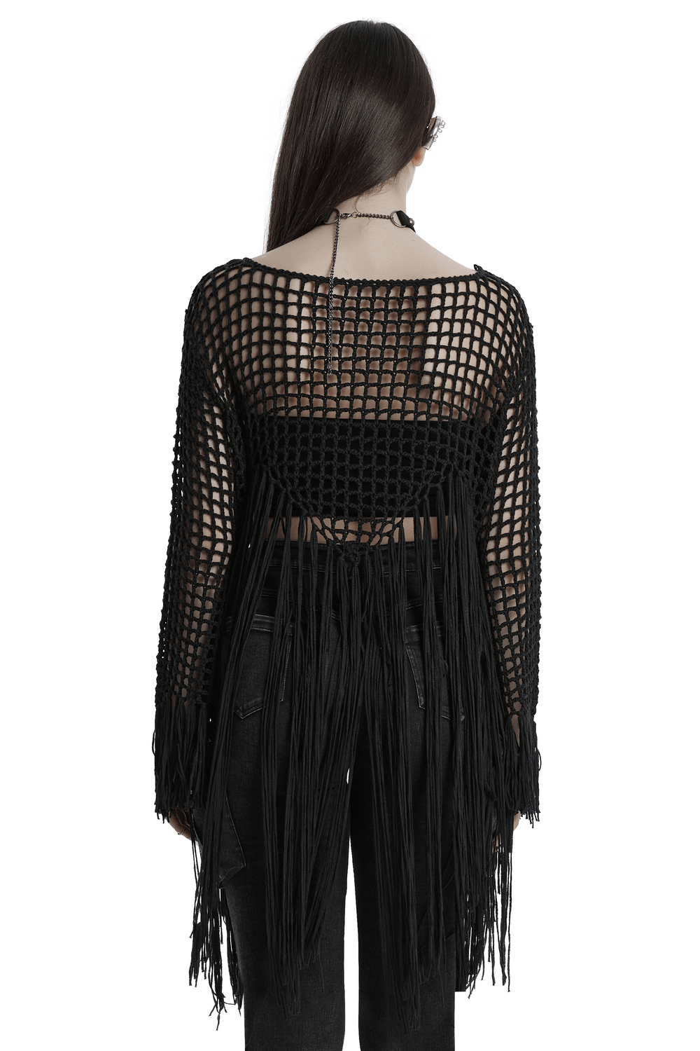 Back view of a women's gothic tassel knit sweater with fringe and hollow design for an edgy look.