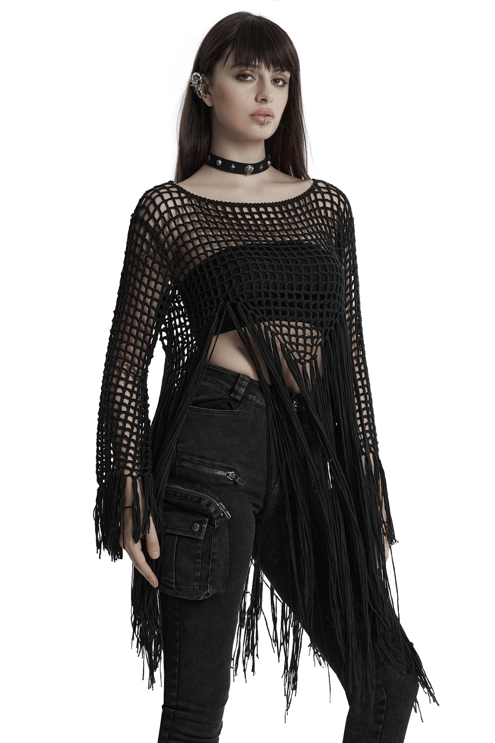 Edgy women's gothic tassel knit sweater with fringe and hollow design, perfect for bold punk-inspired outfits.