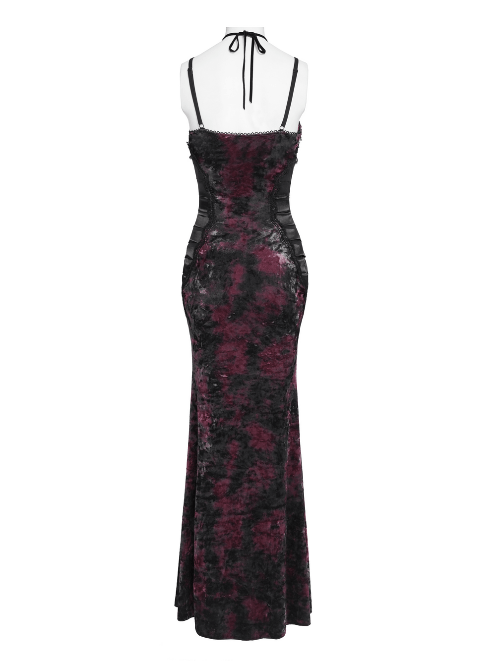 Women's Gothic Tie Dye Lace Up Mermaid Maxi Dress showing a back view with black and burgundy tie dye.