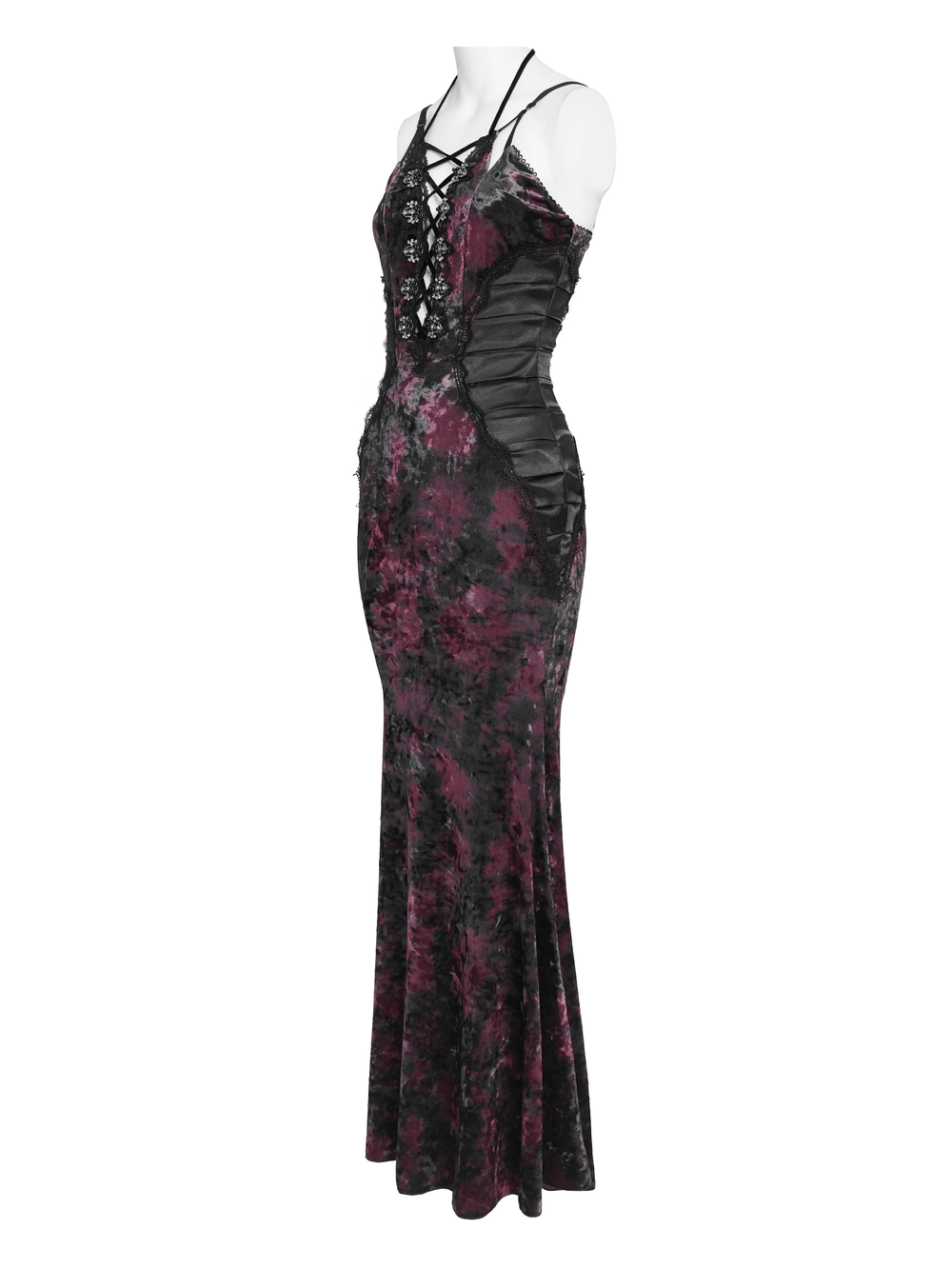 Women's Gothic Tie Dye Lace Up Mermaid Maxi Dress featuring a stunning lace-up neckline and a fitted silhouette.