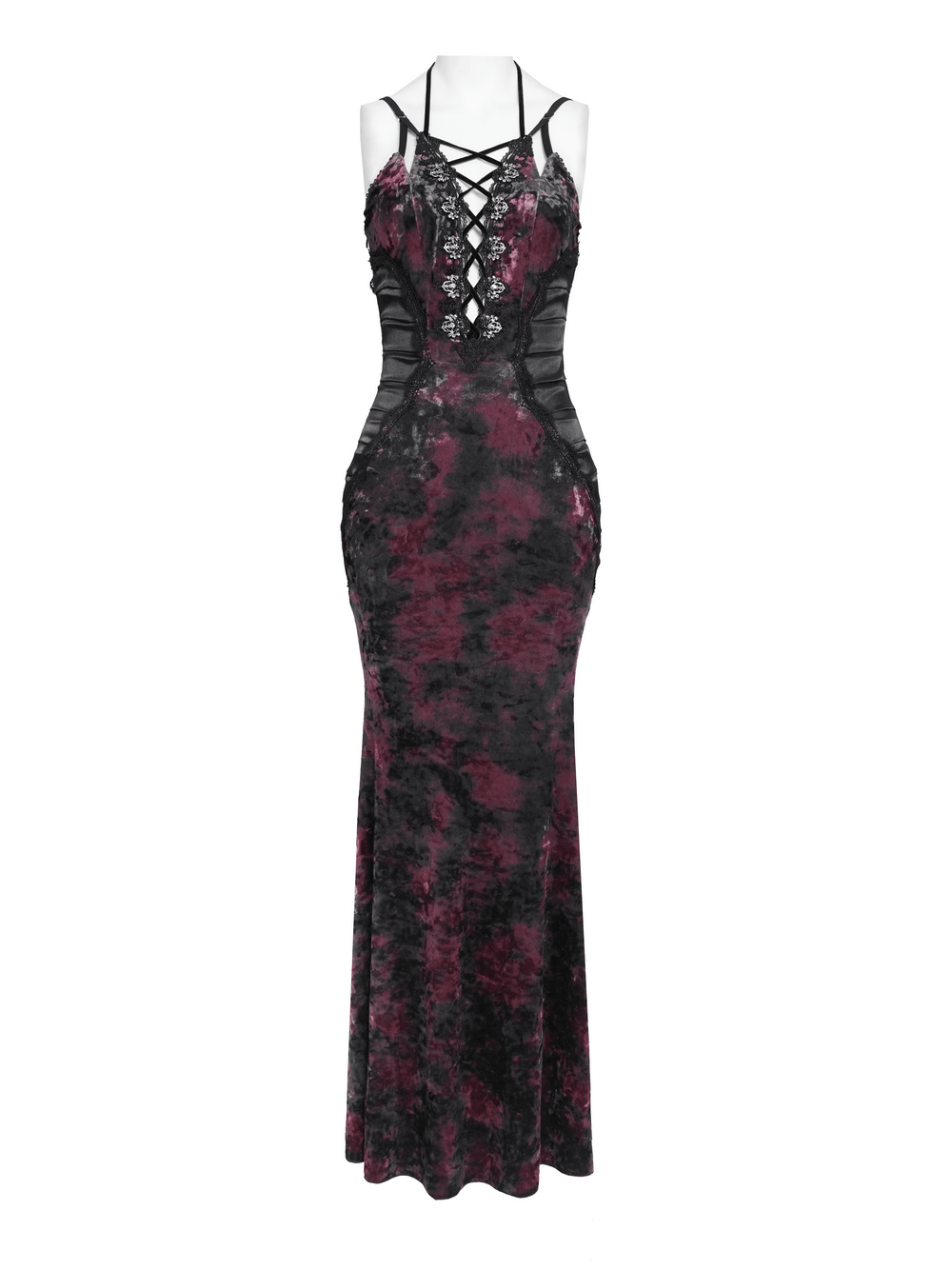 Women's Gothic Tie Dye Lace Up Mermaid Maxi Dress showcasing a deep lace-up neckline and sheer mesh side panels.