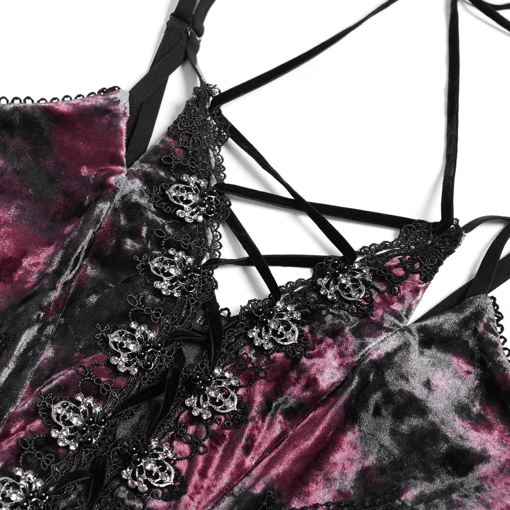 Women's Gothic Tie Dye Lace Up Mermaid Maxi Dress close-up showing lace detailing and tie-up design in black and burgundy.