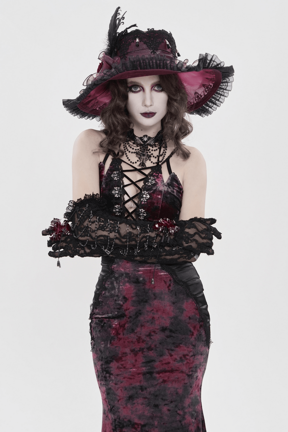 Women's Gothic Tie Dye Lace Up Mermaid Maxi Dress with black and burgundy tones, lace accents, and halter styling.