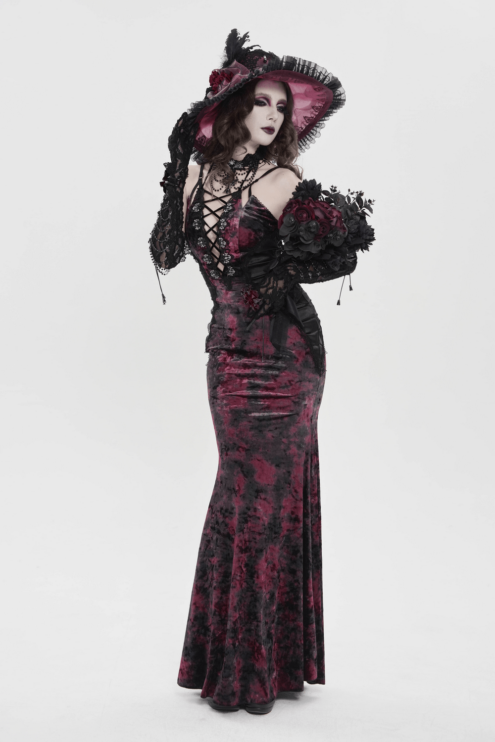 Women's Gothic Tie Dye Lace Up Mermaid Maxi Dress with lace-up details and floral accents.