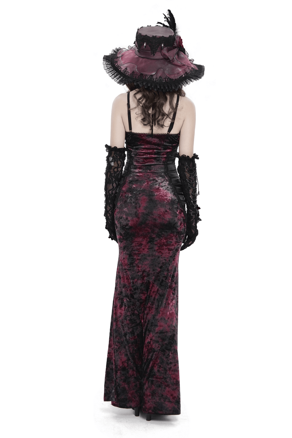 Women's Gothic Tie Dye Lace Up Mermaid Maxi Dress, featuring black and burgundy tones, lace-up back, and flowy mermaid silhouette.
