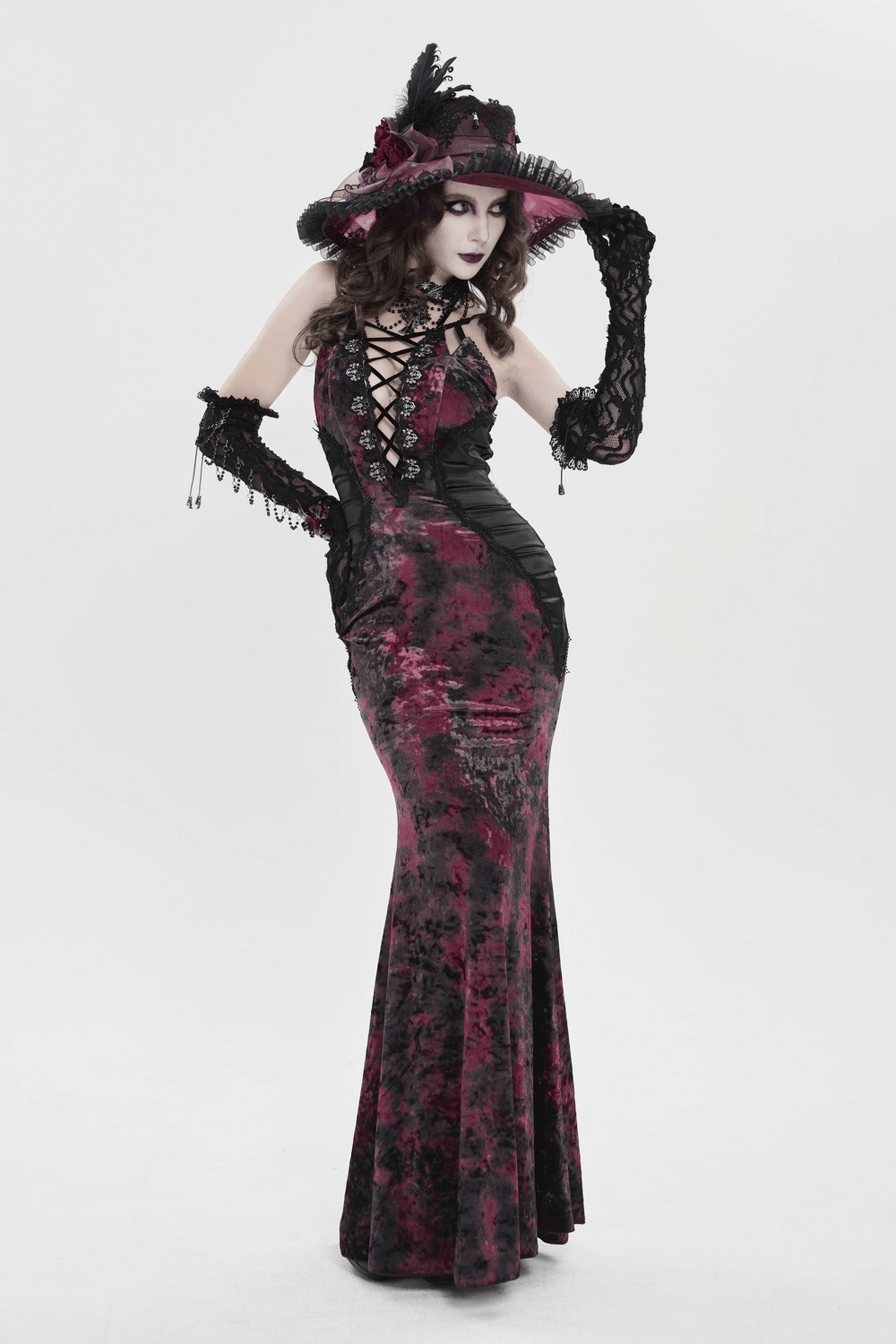 Women's Gothic Tie Dye Lace Up Mermaid Maxi Dress showcased by a model in a stunning black and burgundy gown.