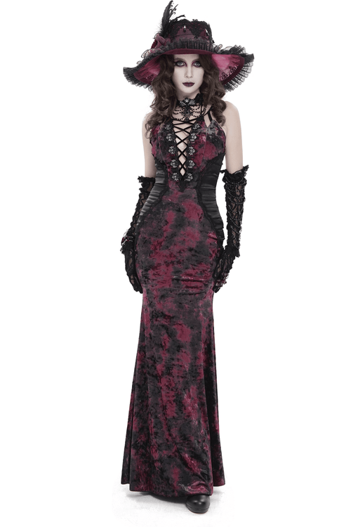 Vestido Maxi de Sirena con Encaje y Teñido Anudado Gótico para Mujer