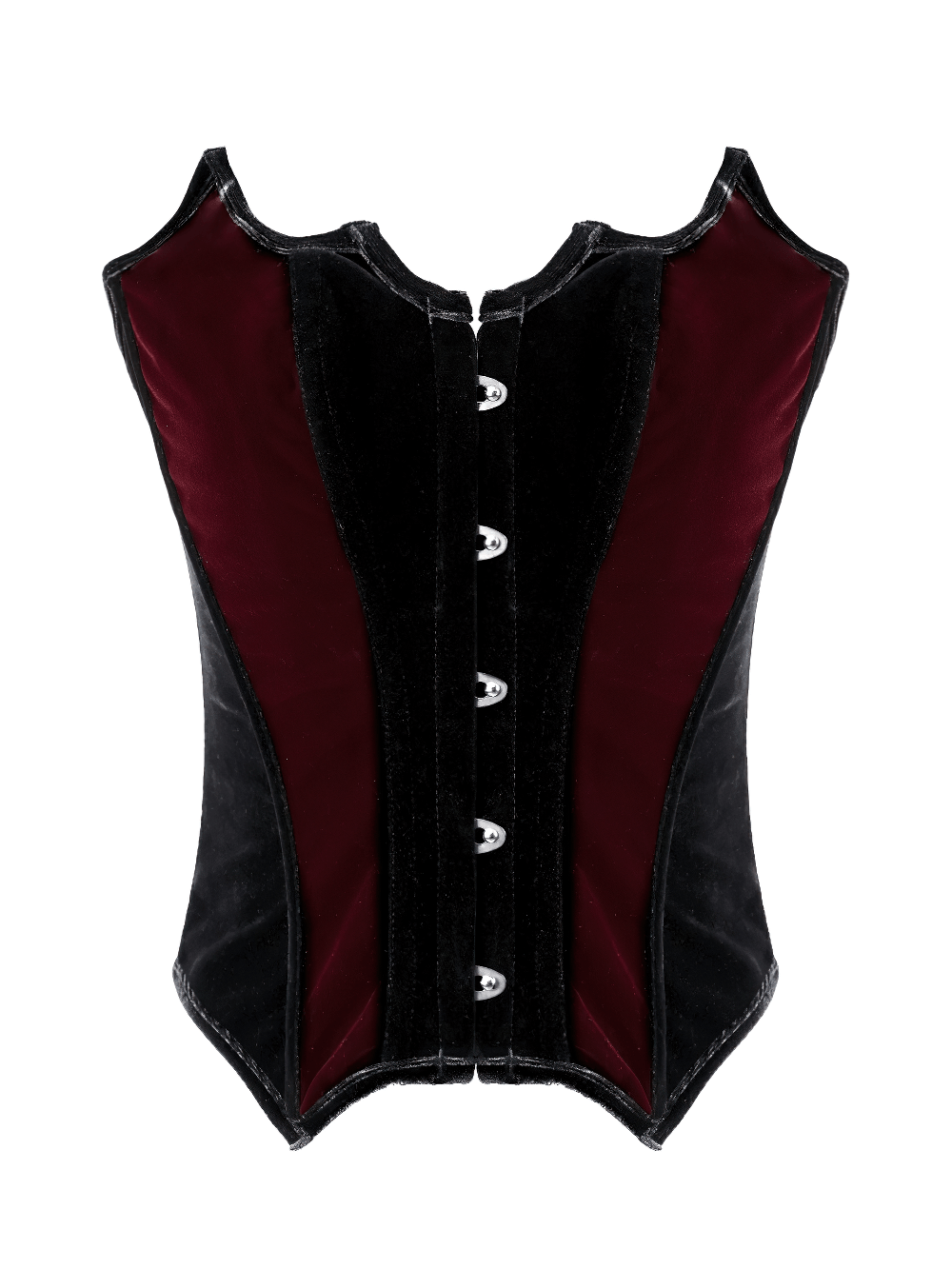 Women's Gothic Velvet Corset with Burgundy Panels featuring black and burgundy velvet with metal clasps and lace-up back.