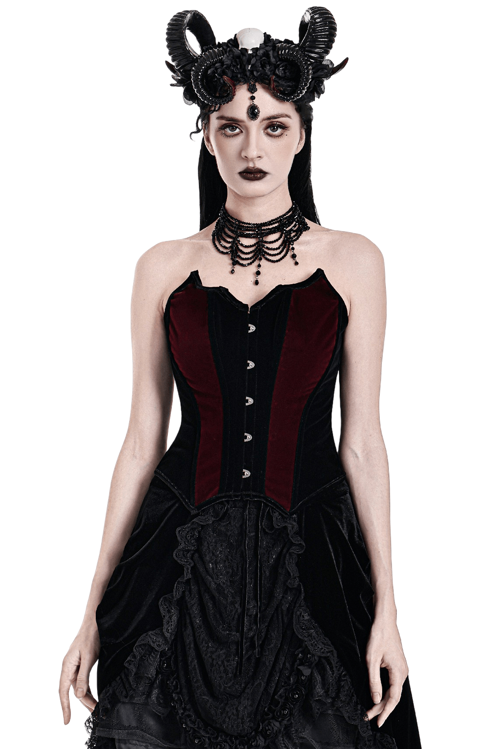 Women's Gothic Velvet Corset with Burgundy Panels modeled with dramatic accessories and hairstyle.