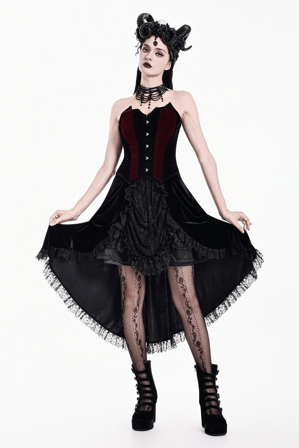 Women's Gothic Velvet Corset with Burgundy Panels showcased in a dramatic gothic outfit with lace details.