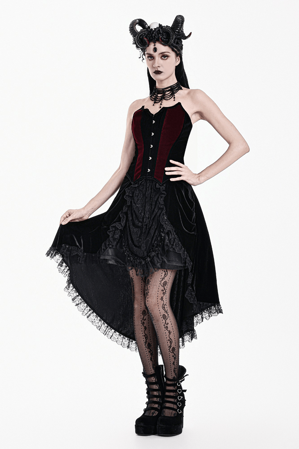 Women's Gothic Velvet Corset with Burgundy Panels showcased in a dramatic gothic silhouette with lace details.
