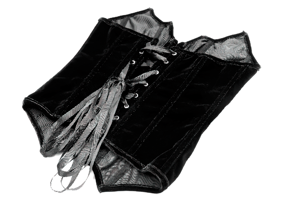 Women's Gothic Velvet Corset with Burgundy Panels showcasing intricate lace-up design and rich velvet texture.