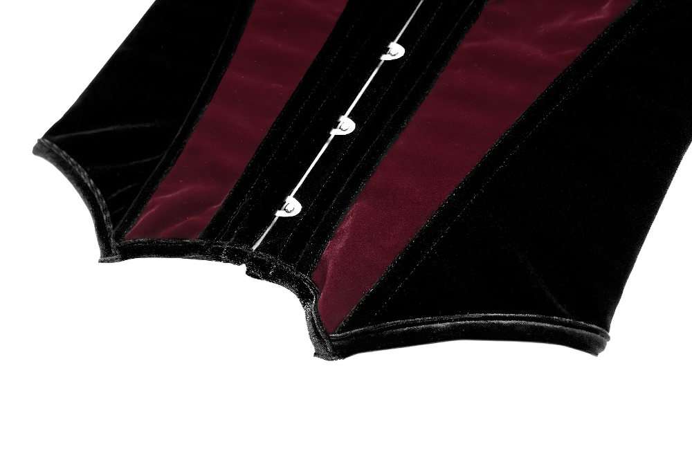 Women's Gothic Velvet Corset with Burgundy Panels close-up showcasing the rich velvet and striking metal clasps.