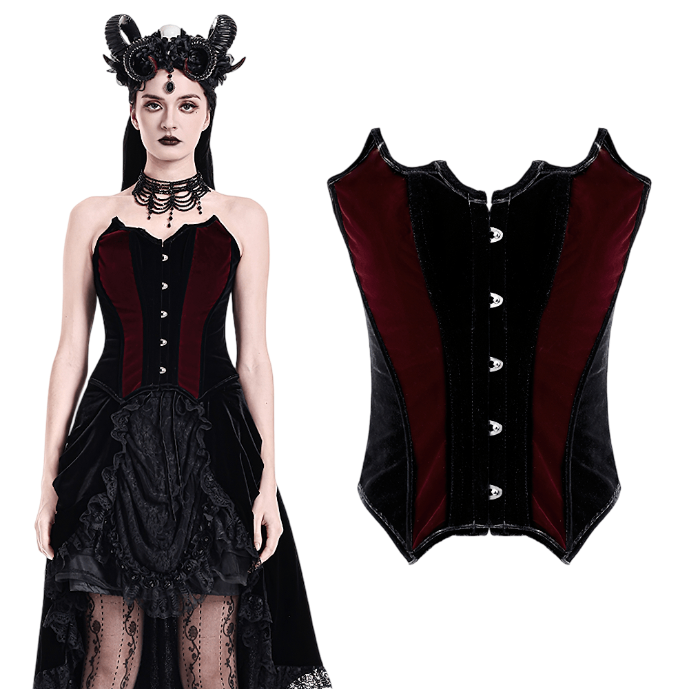 Women's Gothic Velvet Corset with Burgundy Panels showcasing dramatic design and velvet textures.