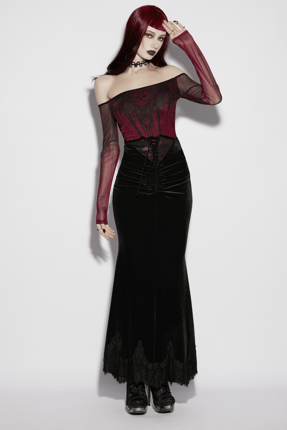 Alt Tag: Women's Gothic Velvet High Waist Mermaid Skirt worn by model in black mermaid maxi with burgundy off-shoulder corset top