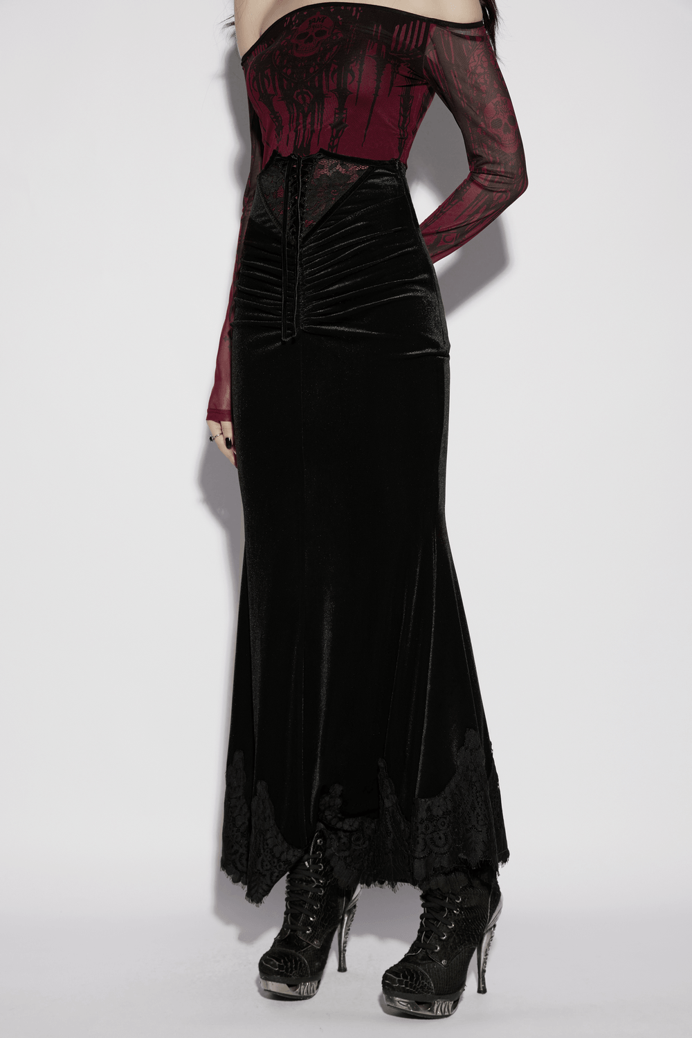 Alt Tag: Women's Gothic Velvet High Waist Mermaid Skirt in black velvet, floor-length mermaid fit with gothic lace hem and corset-style top
