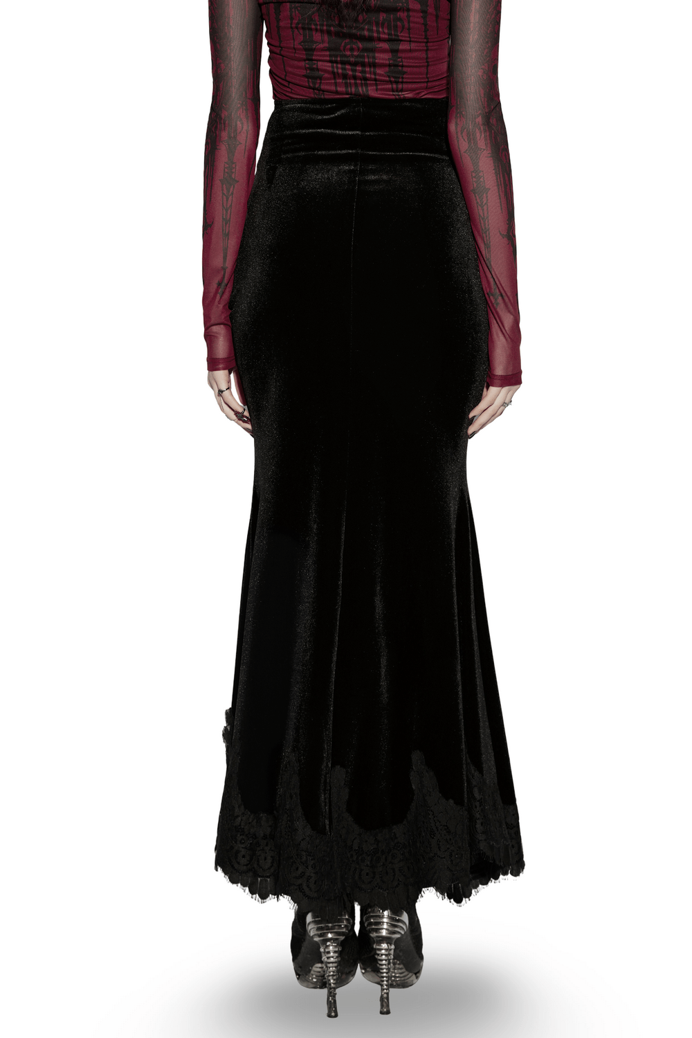 Alt Tag: Women's Gothic Velvet High Waist Mermaid Skirt in black, back view, floor-length with lace hem—dramatic gothic glam