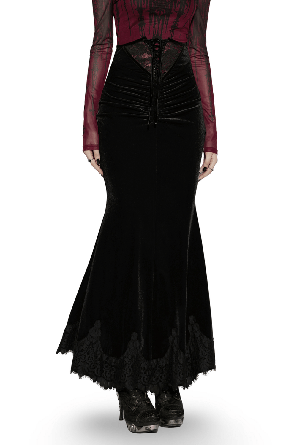Alt Tag: Women's Gothic Velvet High Waist Mermaid Skirt in black velvet with mermaid hem and lace trim, worn with corset-style top