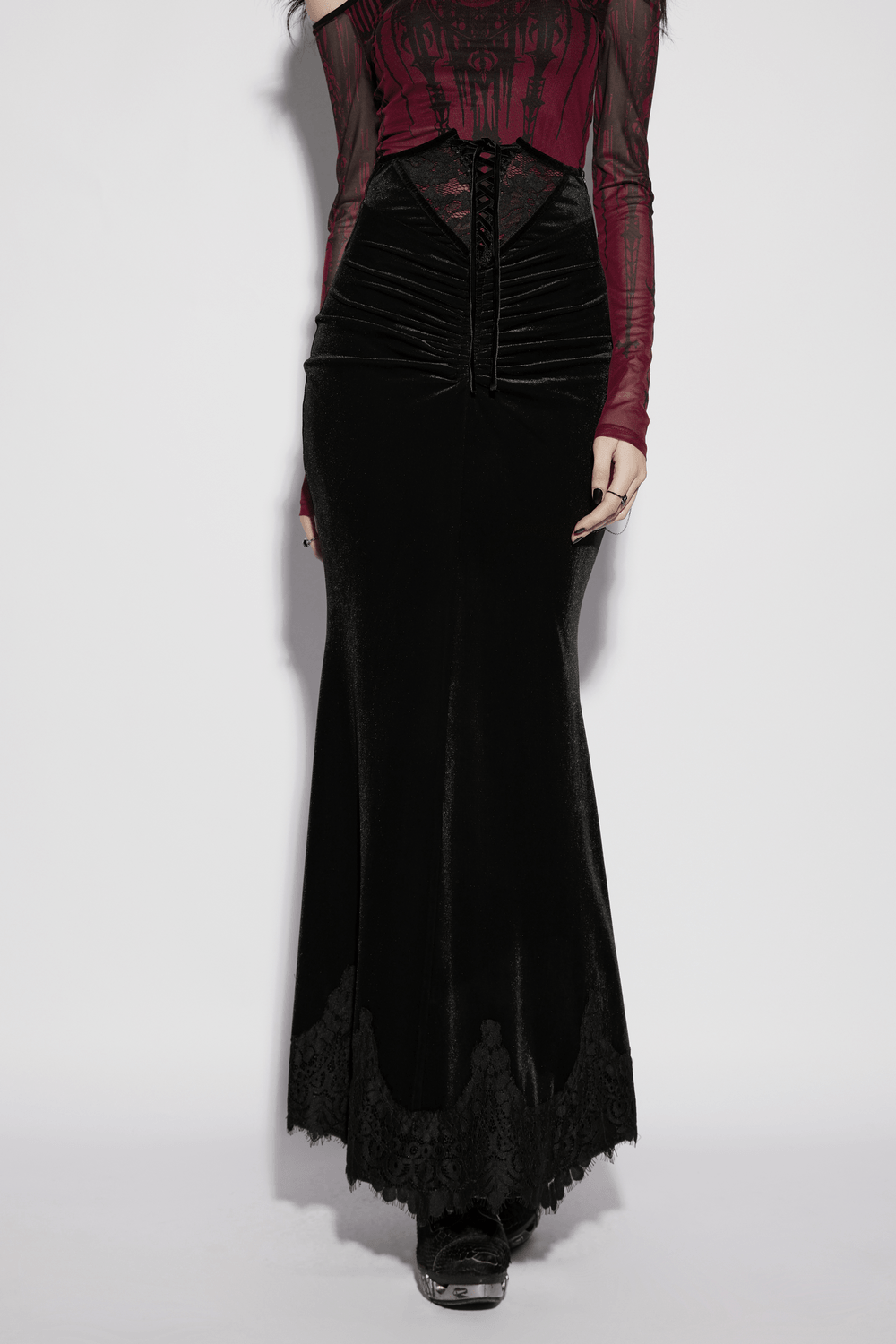 Alt Tag: Women's Gothic Velvet High Waist Mermaid Skirt in black velvet with lace hem, dramatic flared mermaid silhouette