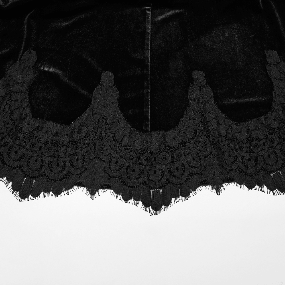 Alt Tag: Women's Gothic Velvet High Waist Mermaid Skirt hem detail with black velvet and scalloped lace trim