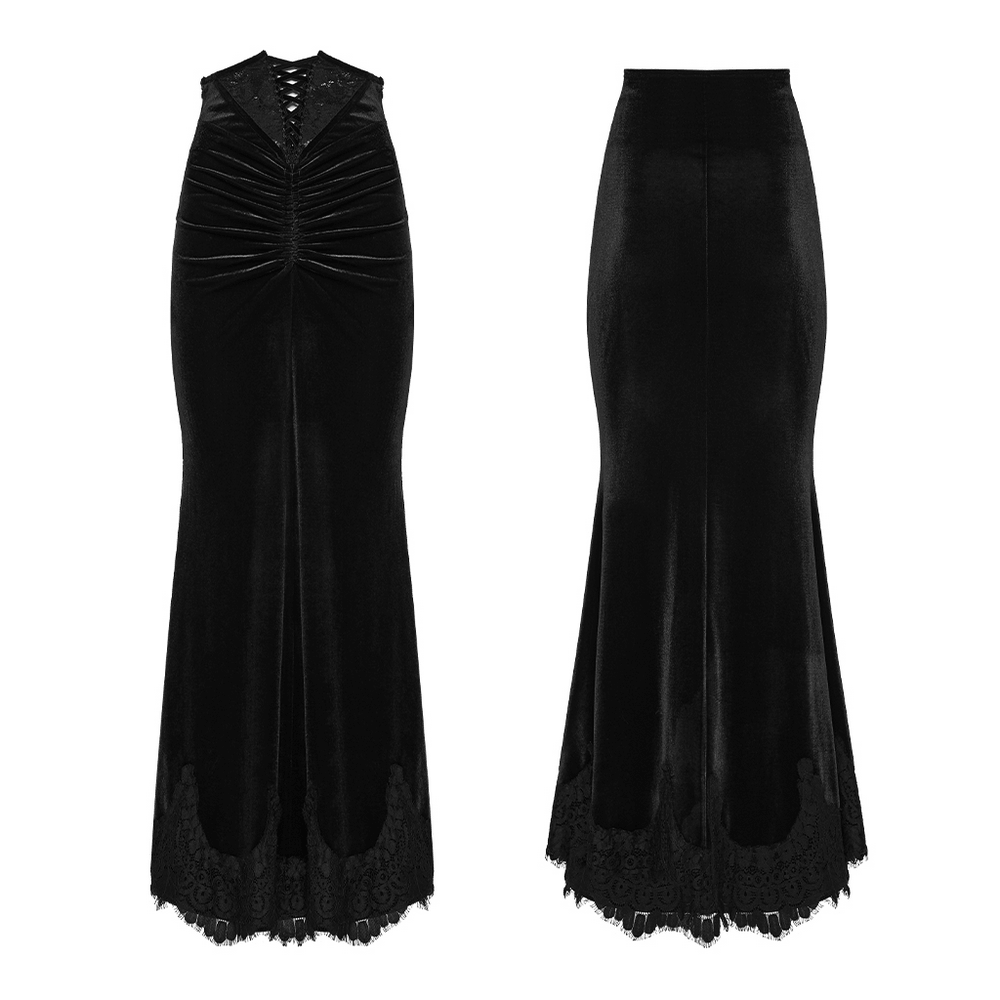 Alt Tag: Women's Gothic Velvet High Waist Mermaid Skirt in black velvet, front and back view, lace hem, ruched detail