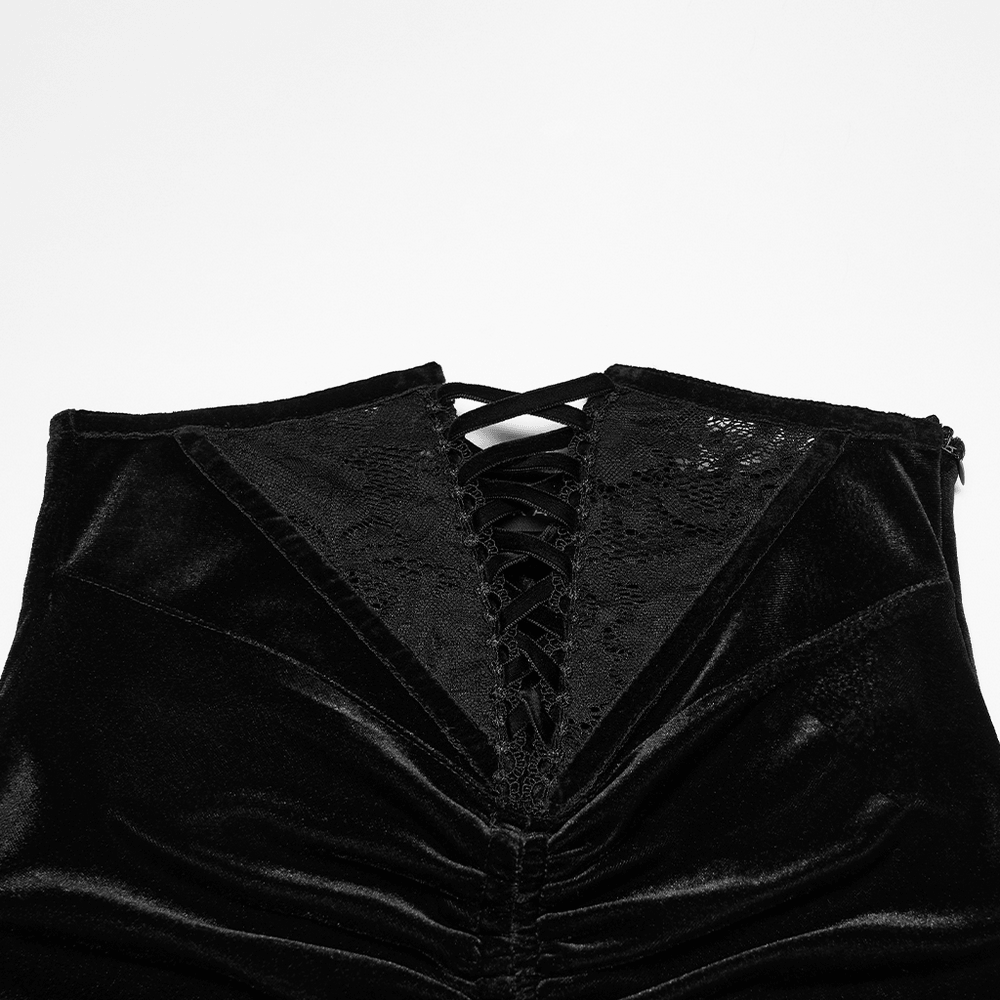 Women's Gothic Velvet High Waist Mermaid Skirt close-up of black velvet waistband with lace-up detail