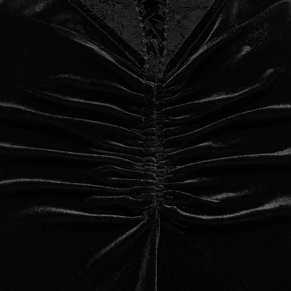 Alt Tag: Women's Gothic Velvet High Waist Mermaid Skirt close-up of black velvet ruched seam with lace detail