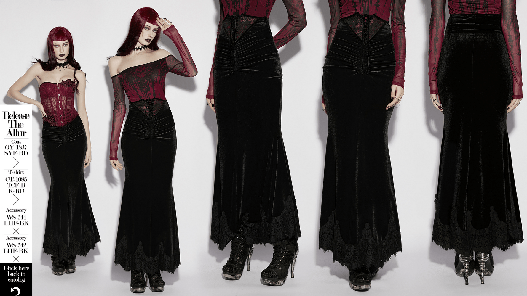 Alt Tag: Women's Gothic Velvet High Waist Mermaid Skirt in black velvet with lace hem, paired with red corset top, front and back views