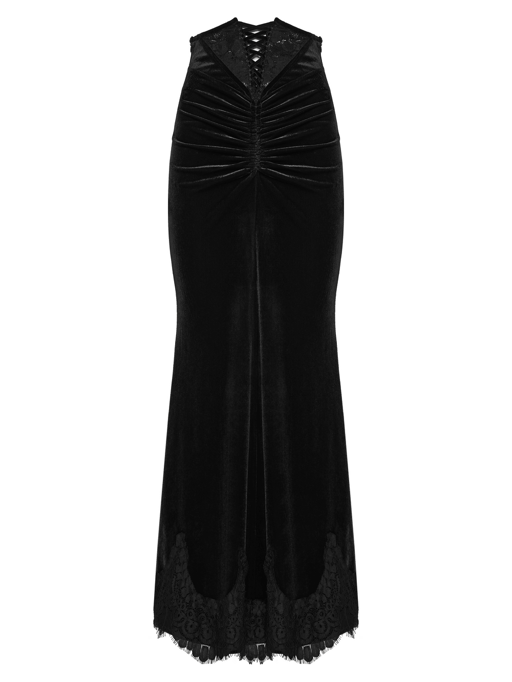 Alt Tag: Women's Gothic Velvet High Waist Mermaid Skirt in black velvet, ruched front with lace-up detail and lace hem, full-length silhouette
