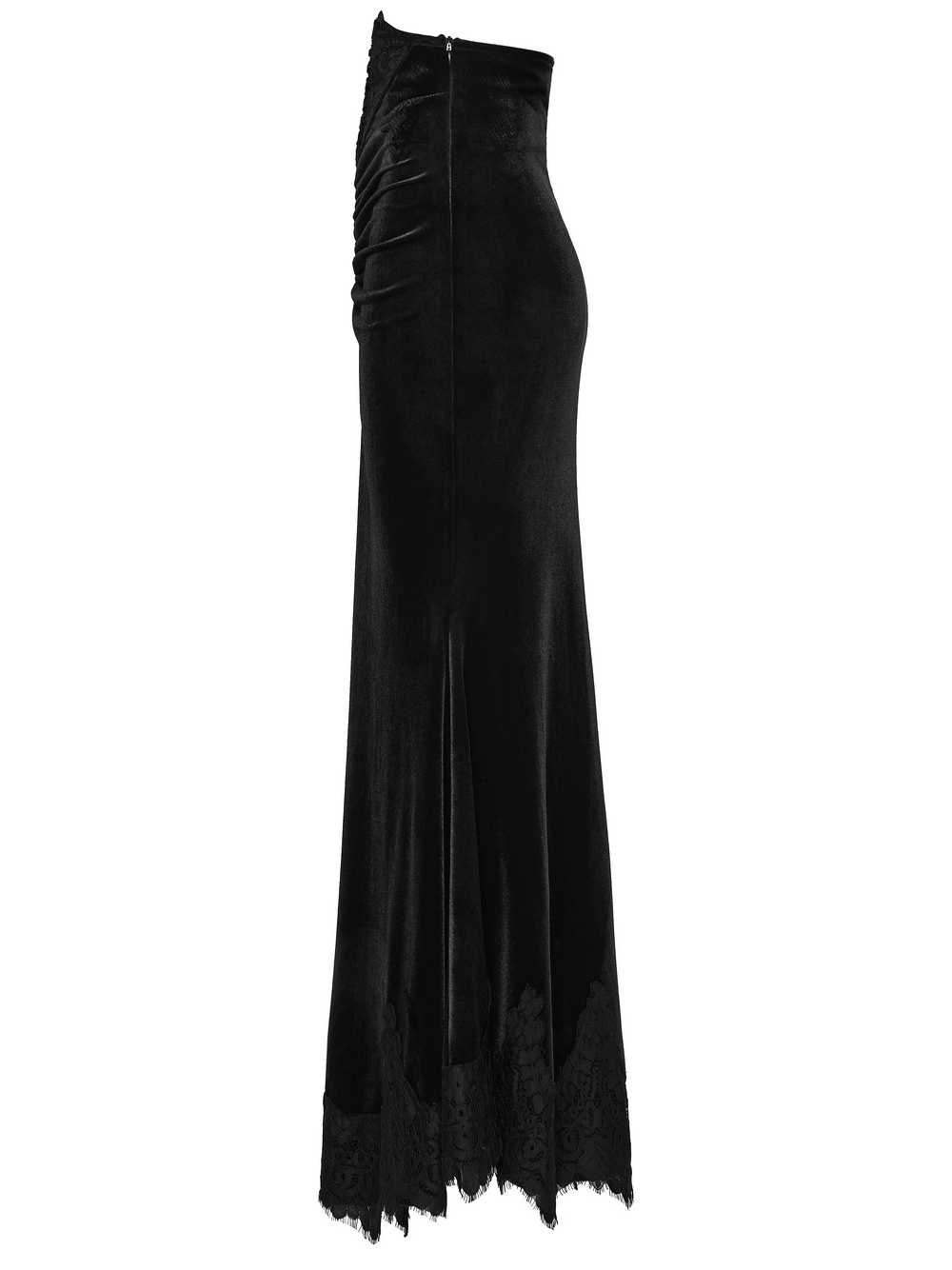Alt Tag: Women's Gothic Velvet High Waist Mermaid Skirt black velvet maxi skirt with high waist, ruched back and lace hem
