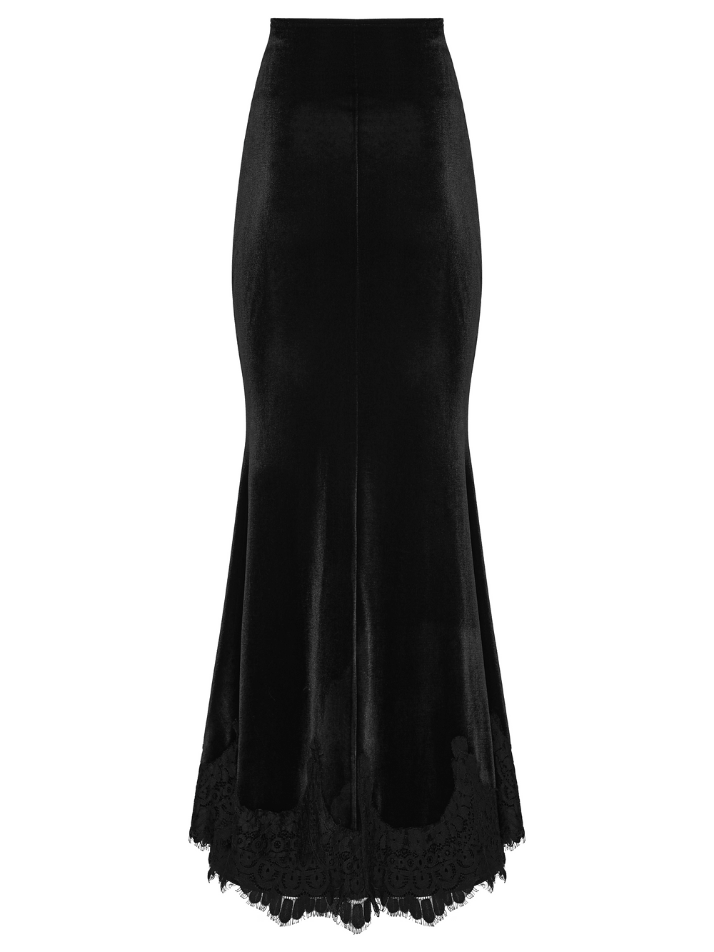 Alt Tag: Women's Gothic Velvet High Waist Mermaid Skirt black velvet mermaid maxi skirt with lace hem, elegant gothic silhouette