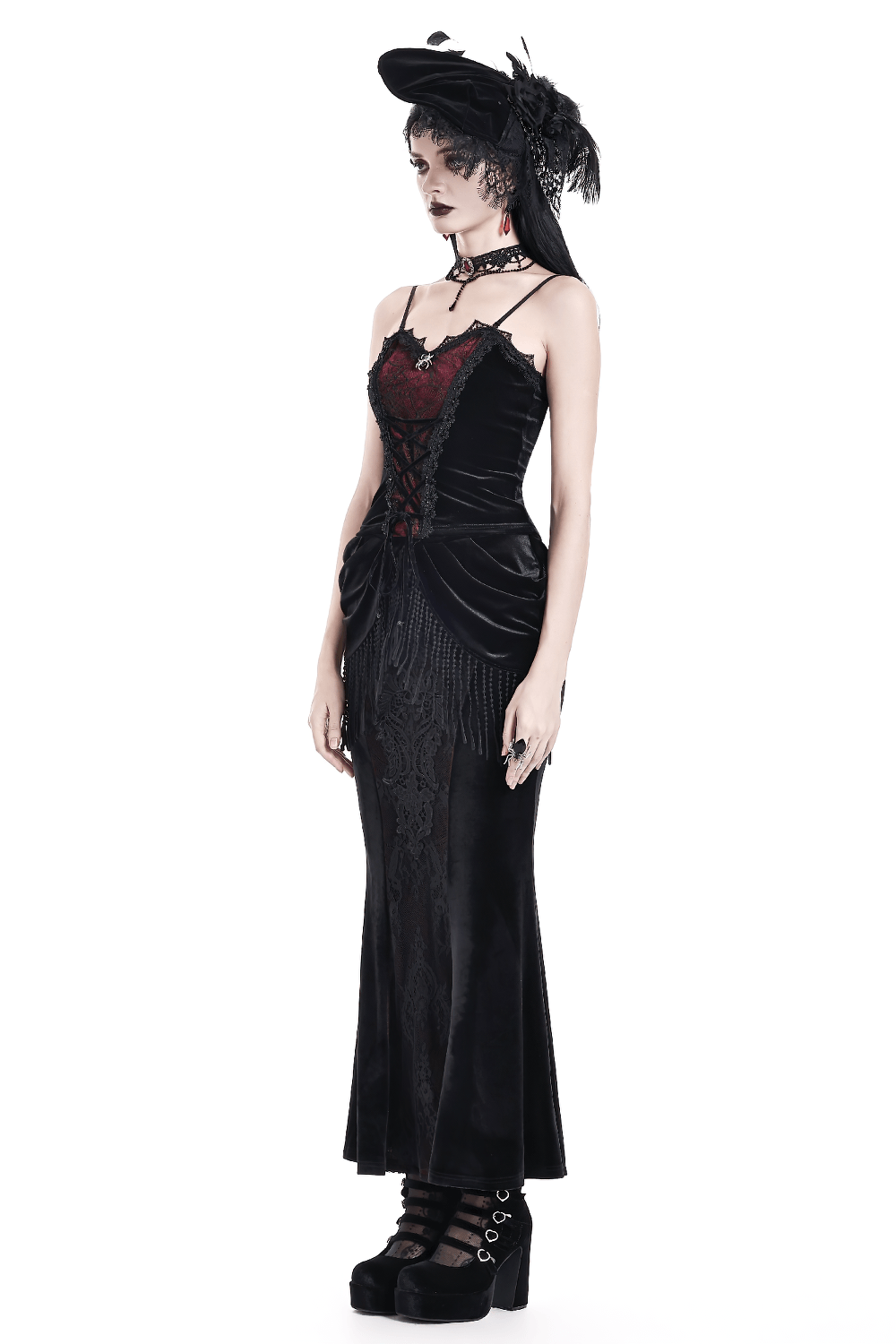 Women's Gothic Velvet Lace Fringe Mermaid Maxi Skirt in black velvet with red Victorian accents and lace detail