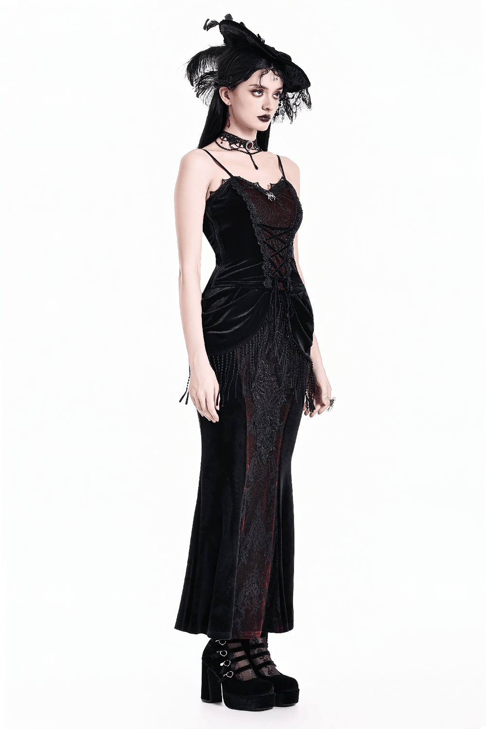 Women's Gothic Velvet Lace Fringe Mermaid Maxi Skirt, black Victorian-style mermaid skirt with red lace accents and fringe