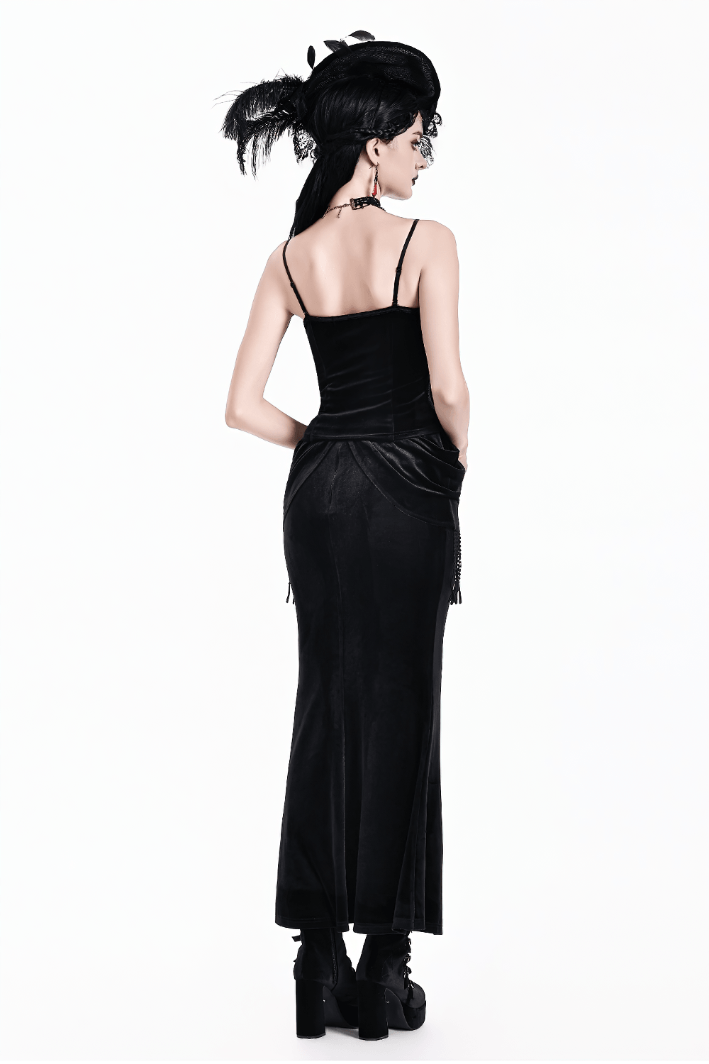 Women's Gothic Velvet Lace Fringe Mermaid Maxi Skirt, black Victorian draped fishtail silhouette with lace and fringe