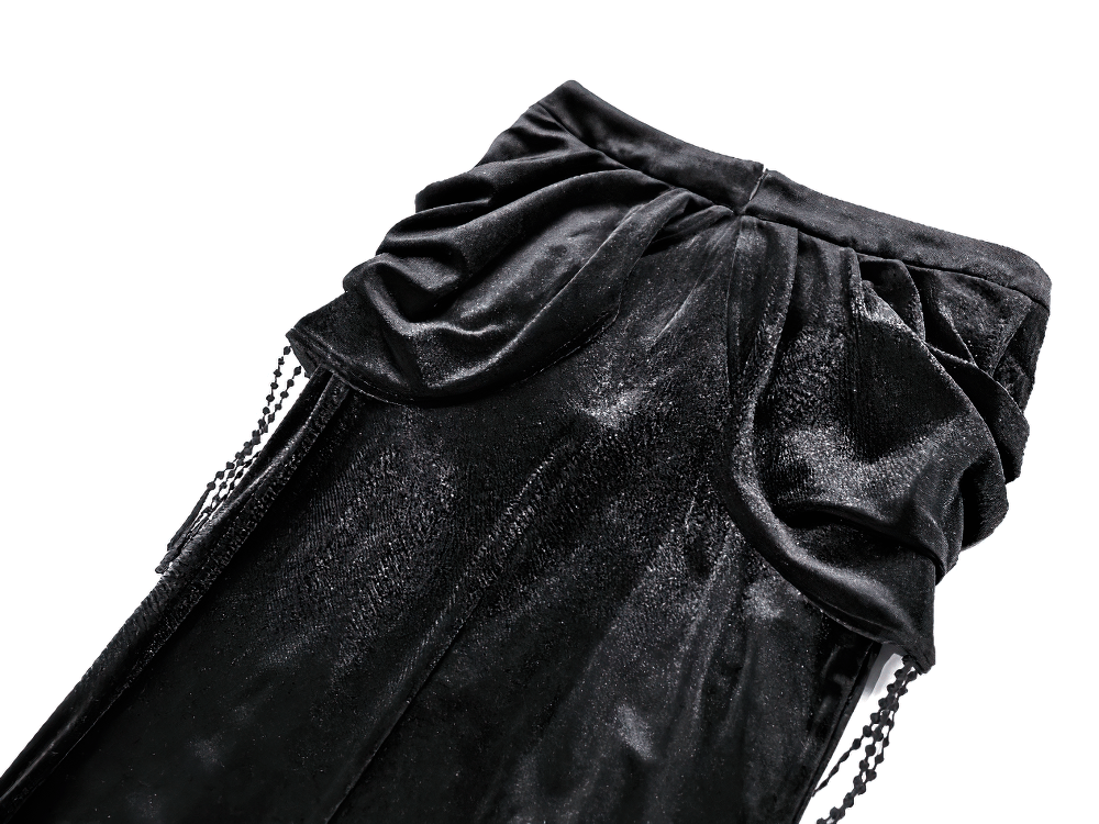 Women's Gothic Velvet Lace Fringe Mermaid Maxi Skirt, black Victorian draped fishtail skirt with beaded fringe and lace detail