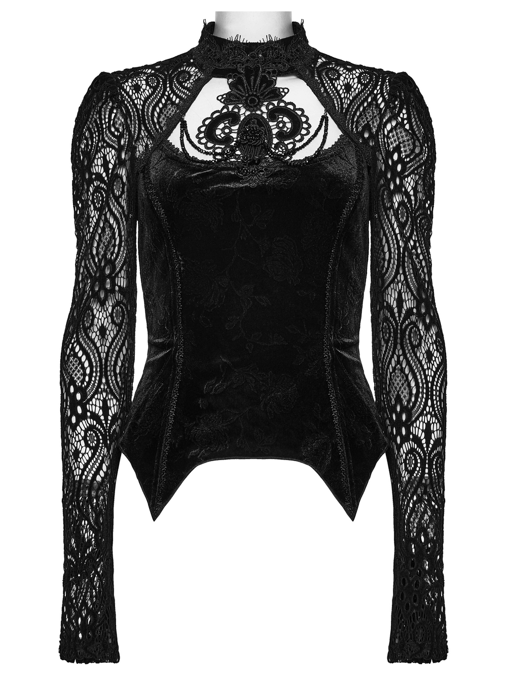 Women's Gothic Velvet Lace Top with Flared Sleeves, black gothic velvet top with lace sleeves and ornate beaded detail