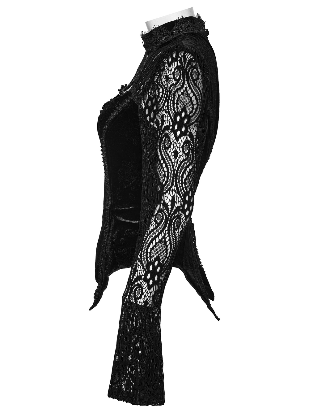 Women's Gothic Velvet Lace Top with Flared Sleeves, black lace side view with ornate details
