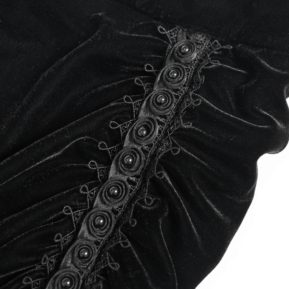 Women's Gothic Velvet Lace-Up Sheer Maxi Skirt with ruched black velvet, lace details, and ornate Victorian button trim